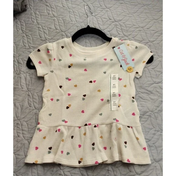 NWT, Cat & Jack Girls 4T Drop-Waist Shirt,  Cream With Mini Colored Hearts - Picture 2 of 9